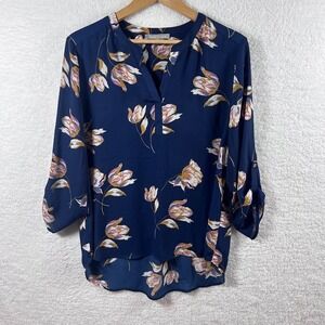Floral Blouse Women XL Navy Pink Long Sleeve V Neck Lightweight Tunic Top Daniel